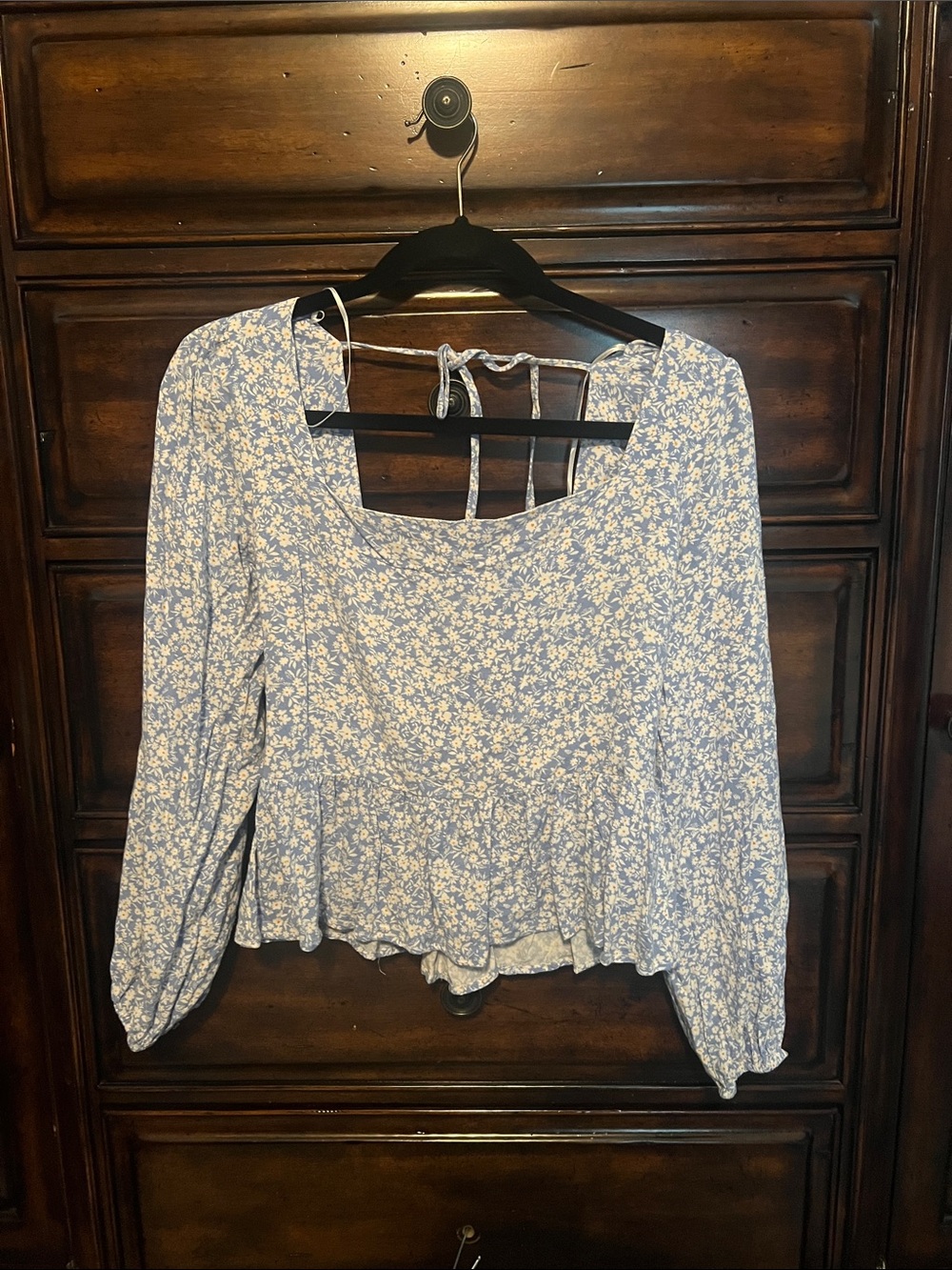 Lost + Wander Blue Floral Peplum Blouse with Back Tie